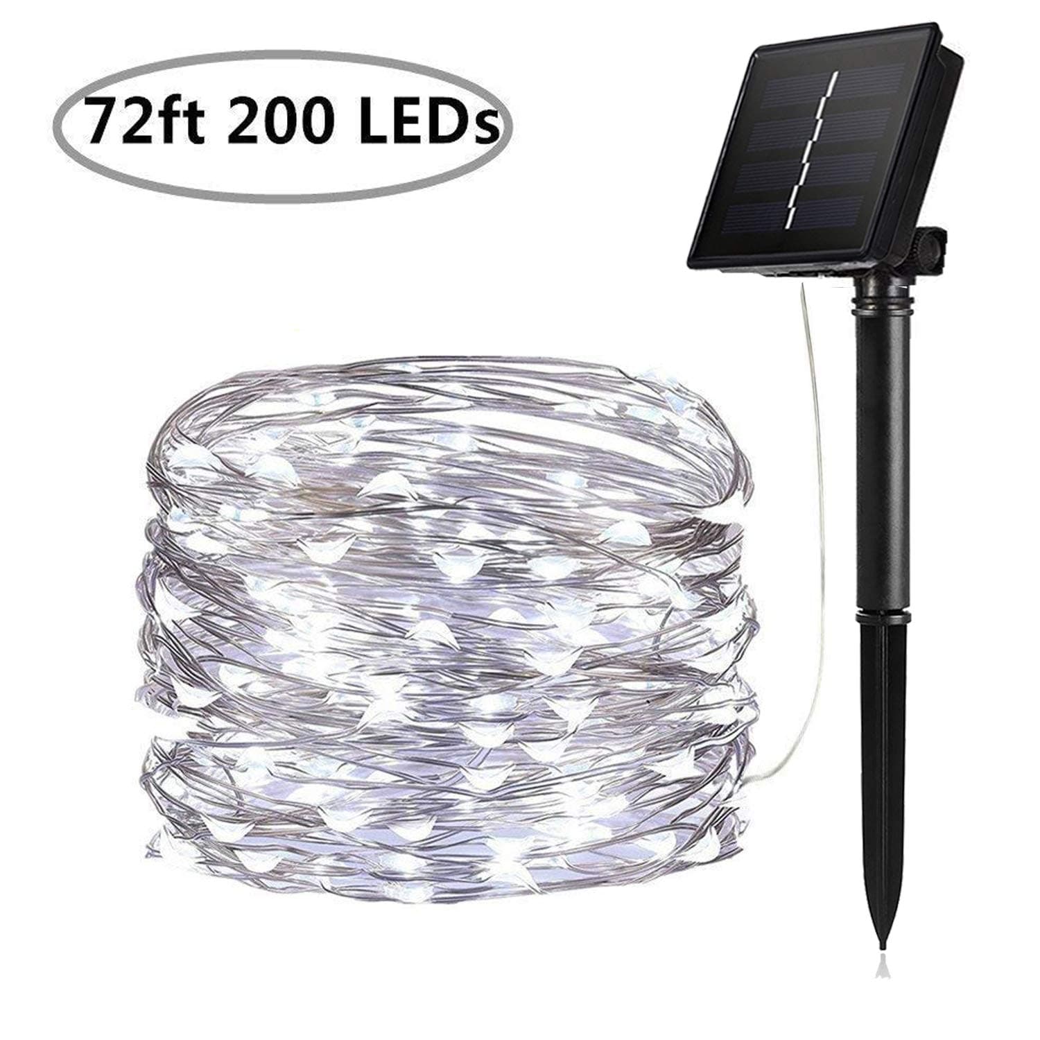 Solar String Lights, 200 LED Solar Fairy Lights 72 Feet 8 Modes Silver Wire Lights Waterproof Outdoor String Lights for Garden Patio Gate Yard Party Wedding Indoor Bedroom - Cool White