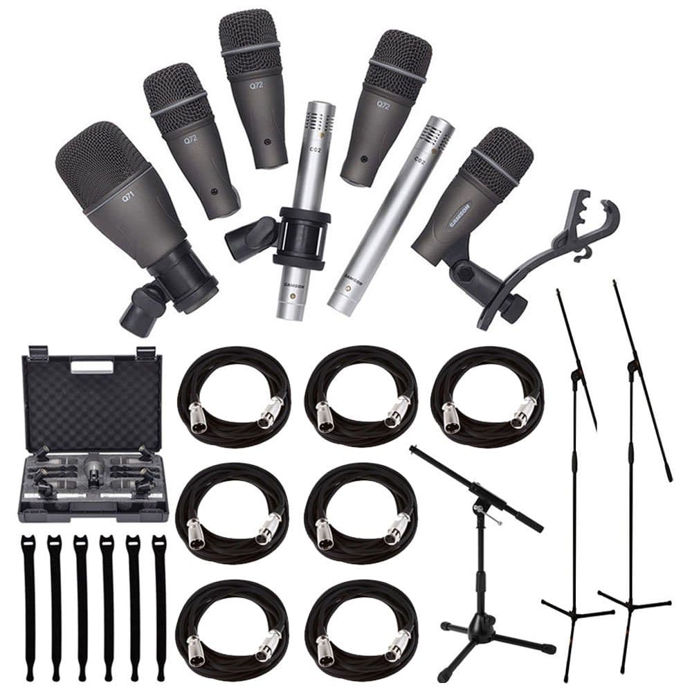 Samson DK707 7-Piece  Drum   Microphone   Kit  + Tripod Base Mic Boom Stand + Ultimate Low-Level Tripod Mic Stand + 7 XLR Mic Cables 20 ft.+ Strapeez, Black - Ultimate Accessory Bundle