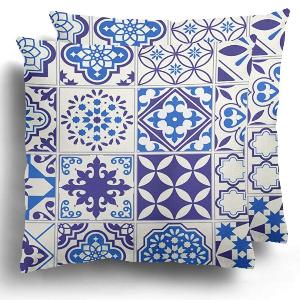 Staroatl Throw Pillow Covers Pack of 2 Moroccan Pattern Lisbon Floral Mosaic Mediterranean Navy Blue Mexican Arabesque Polyester Cushion Case Bed Decor 20 x 20 Inches