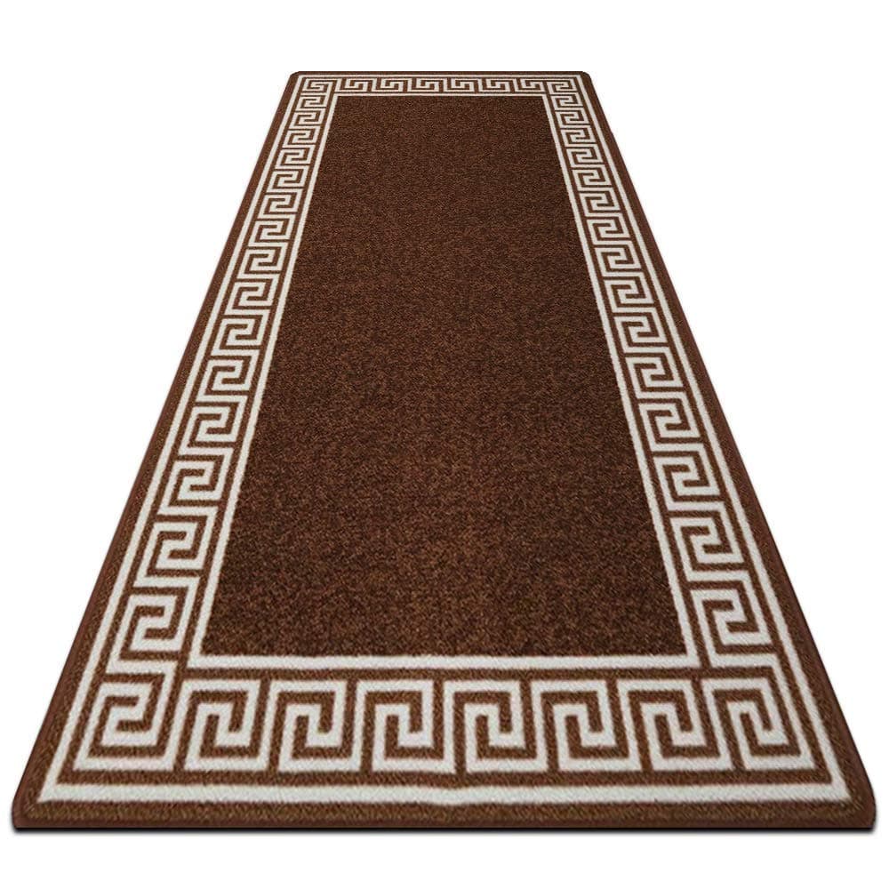 Carpet Runner for Hallways non slip Long - Inside/Outside Non Slip Home Décor Rugs Runners - 80 x 300cm (2ft 6" x 10ft) Brown Cream Greekey