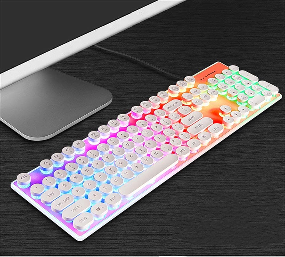 RGB LED Backlit Wired Gaming Keyboard, Retro Steampunk Semi Mechanical Keyboard with 104 Round Keycaps (White)