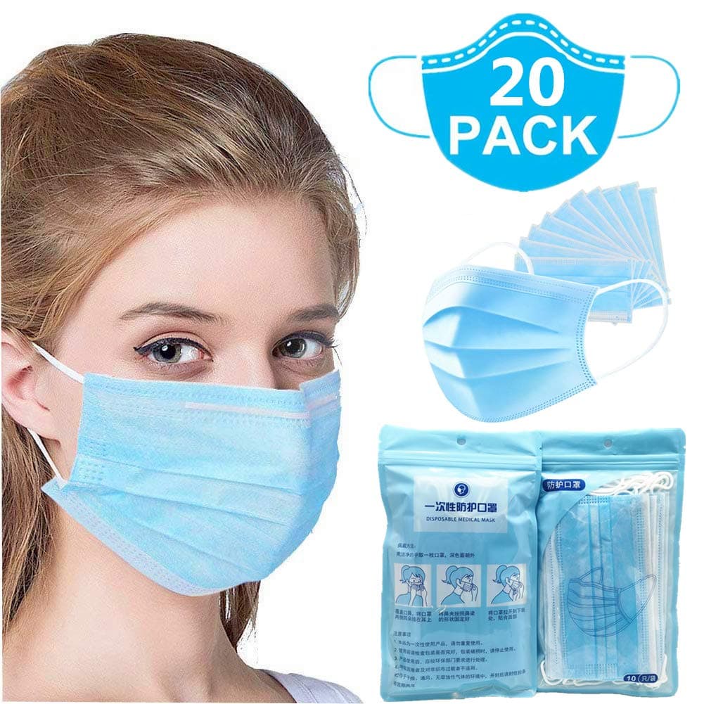 20Pcs Disposable Face Masks - Disposable Protective Mask Dust Breathable Earloop Face Mask Comfortable Mouth Mask Thick 3-Layer Masks (Blue)