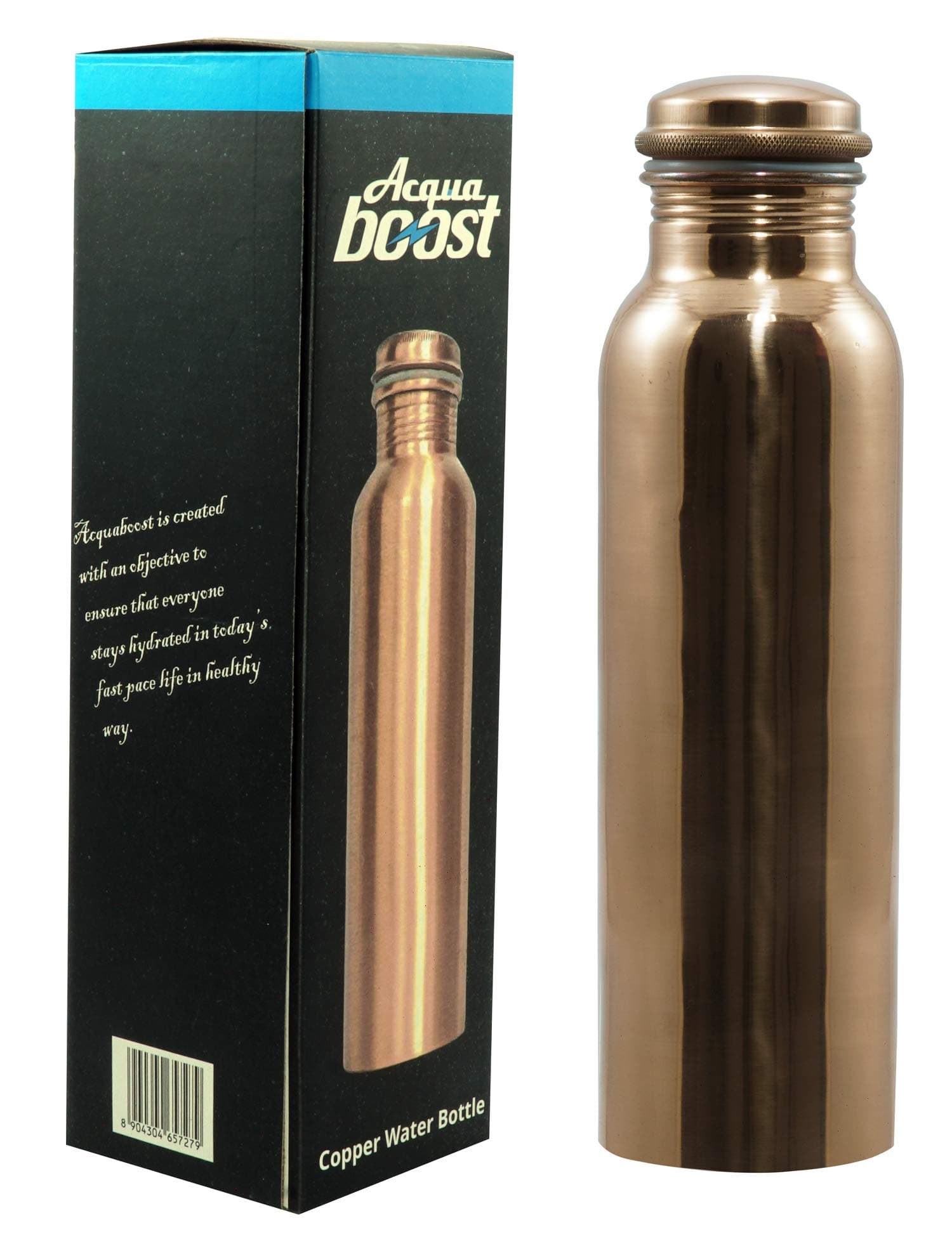 Acquaboost Pure Copper Water Bottle Plain - 1 Litre Set of 1, Handmade, Lacqour Coated, Leak-Proof and Seamless Design with Ayurvedic Health Benefits