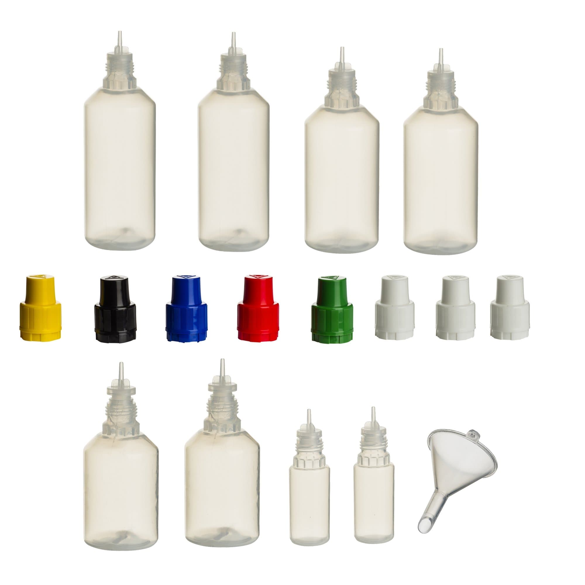 Mix Set PP Bottles of 100 ml, 30ml, 10 ml, Coloured Lid and Practical Tip + Filling Valve – Squeezy Bottle Empty Squeeze Bottle Quetschbar Plastic Lever Arch File Plastic Bottle Funnel for Filling and Mixing also suitable for Airbrushing