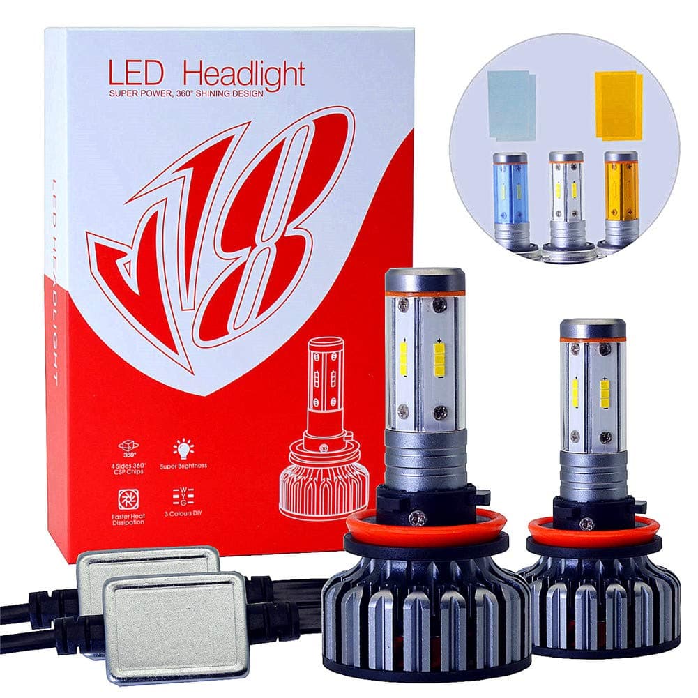 3 Color H11 H8 H9 LED Headlight Bulbs Conversion Kit 100W 12000LM 360 degree，4 Sides LED CSP Chips - DIY 3000K Yellow/6000K White/8000K Blue Car Fog Lamp High & Low Beam Light Bulbs (H11/ H8/ H9)