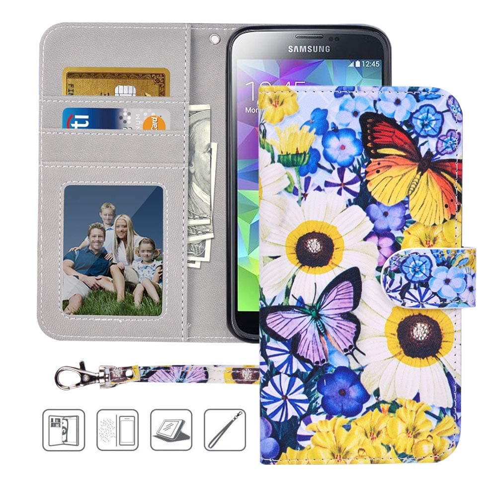 S5 Wallet Case, Galaxy S5 Case, MagicSky Premium PU Leather Flip Folio Case Cover with Wrist Strap,Card Holder, Cash Pocket, Kickstand for Samsung Galaxy S5(Butterfly Over Flowers)