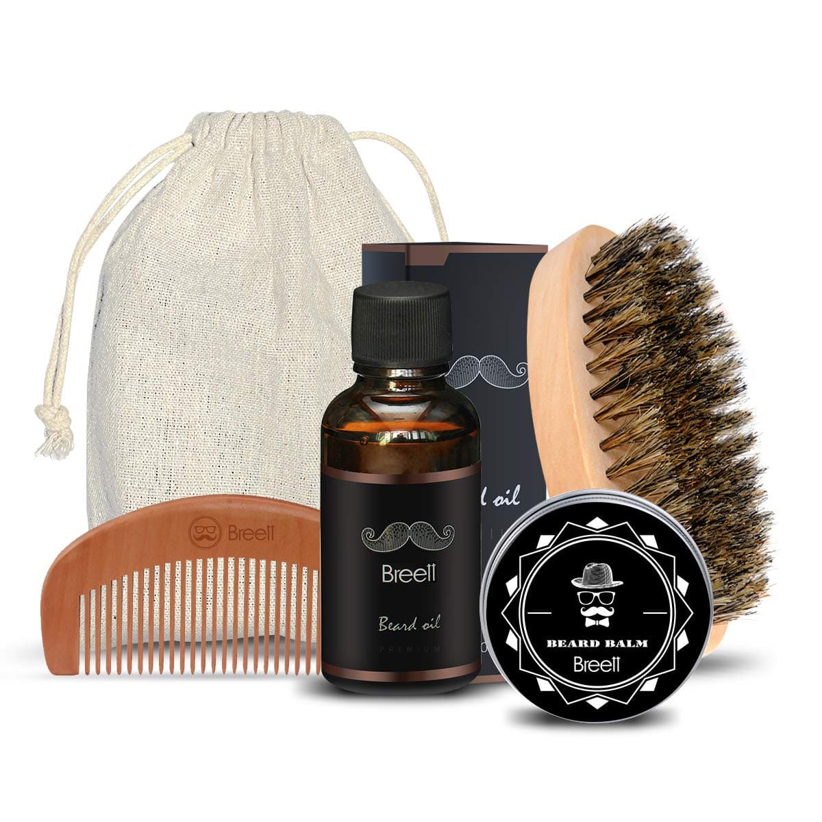 Beard Care Kit, Breett Beard Oil Set Men Beard Comb Brush Beard Oil and Beard Balms for Beard Grooming Styling and Mustache Growth, Men's Gift Set