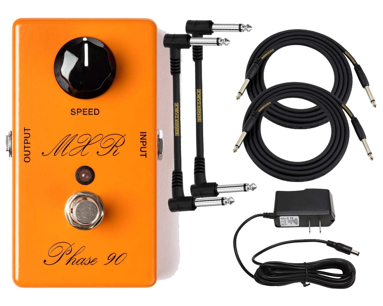 Dunlop MXR CSP101SL Script Phase 90 LED Vintage-style Phase Effect Pedal for Guitar and Bass BUNDLE with 9v Power Supply, 2x Senor Instrument and 2x Senor Patch Cables