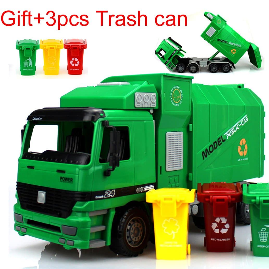 XPGG Rear Loading Garbage Truck Green car + Gift 3pcs trash cans