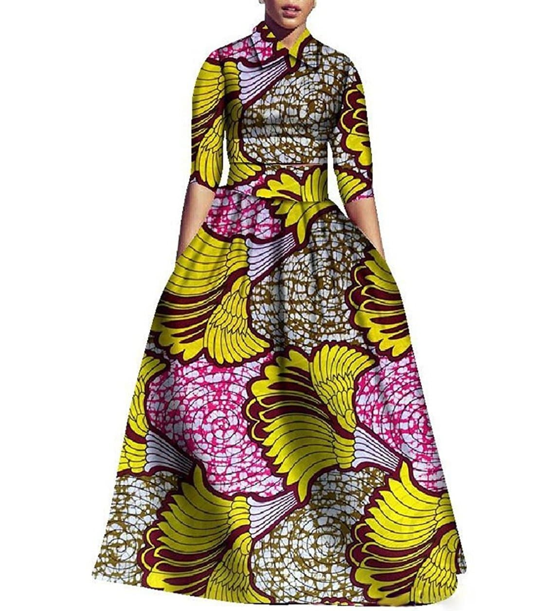 Women Plus Size 3/4 Sleeve African Graphic Printed Maxi Dress Lapel Collar High Waist A-line Dress