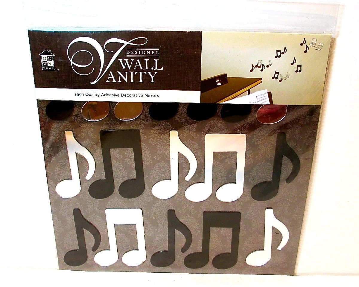 Wall Vanity Designer Music Notes Mirror Decals,15x,Black/Clear Mirror Notes,self-Stick