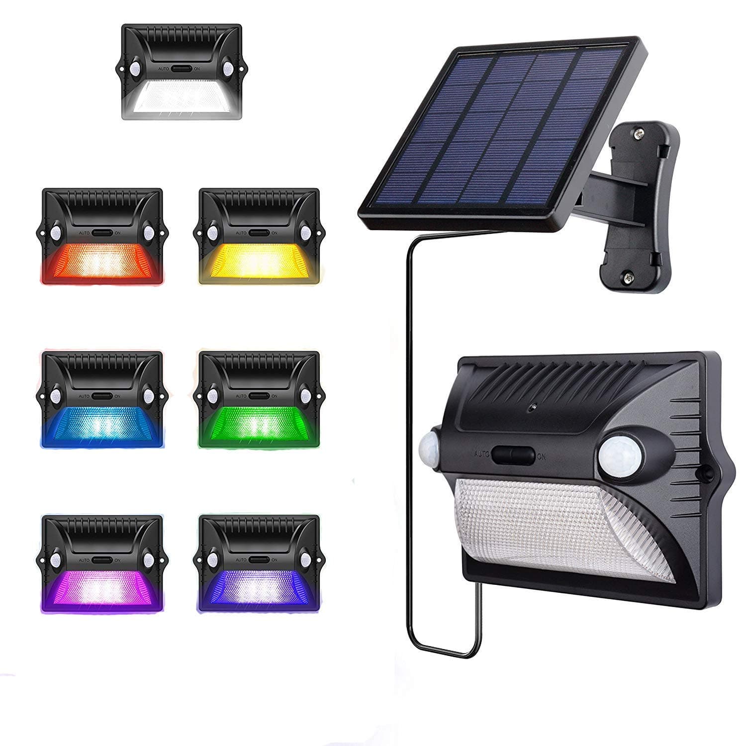 AREOUT Wall Solar Motion Sensor Light Outdoor Waterproof with Separate Panel12 LED Dual Head Sensor Color Changing Solar Security Lights