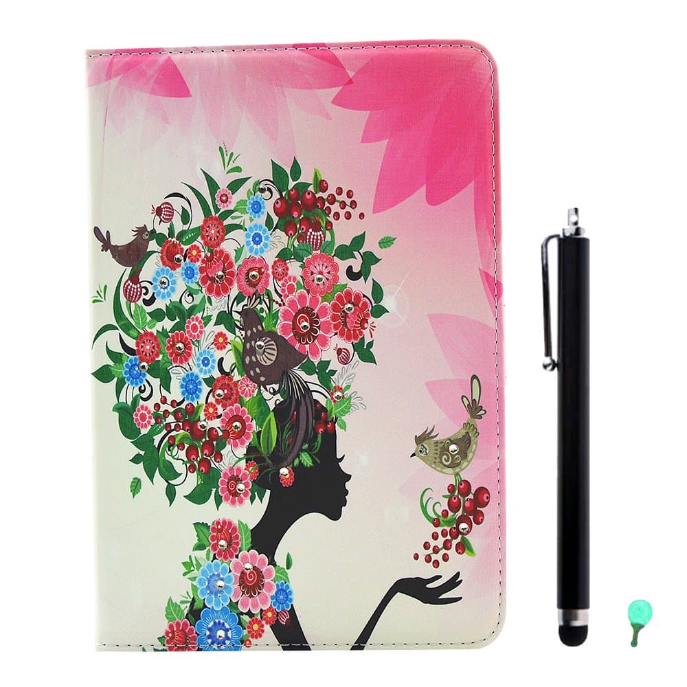 PU Leather Case for Samsung Galaxy Tab A 8.0 SM-T350, Aohro Bling Glitter Beautiful Flowers Series Diamond Folio Flip Stand Cover + Stylus Pen + Dust Plug - Colorful Flower Fairy