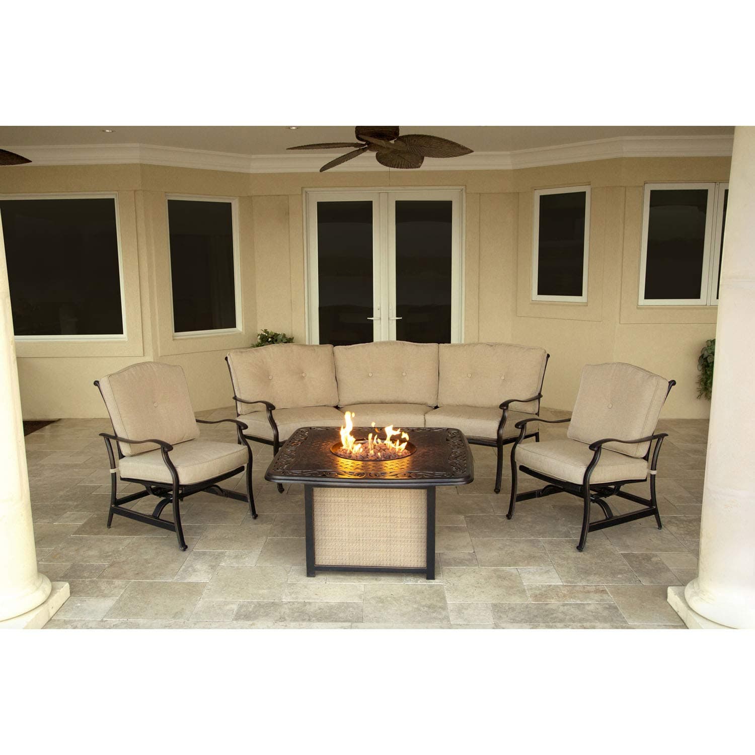 Hanover 4-Piece Traditions Outdoor Cast Top Fire Pit Lounge Set, Natural Oat/Antique Bronze