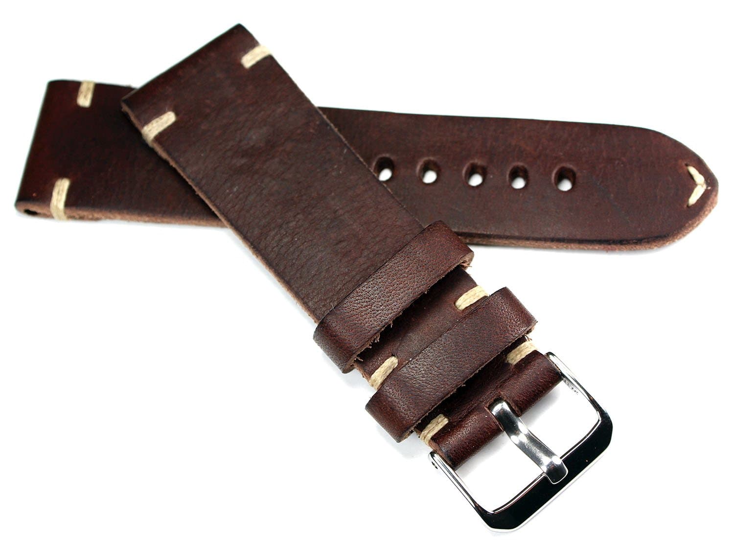RIOS1931 handmade retro leather strap/band, dark brown with white stitching, top quality, 24 mm/22 mm