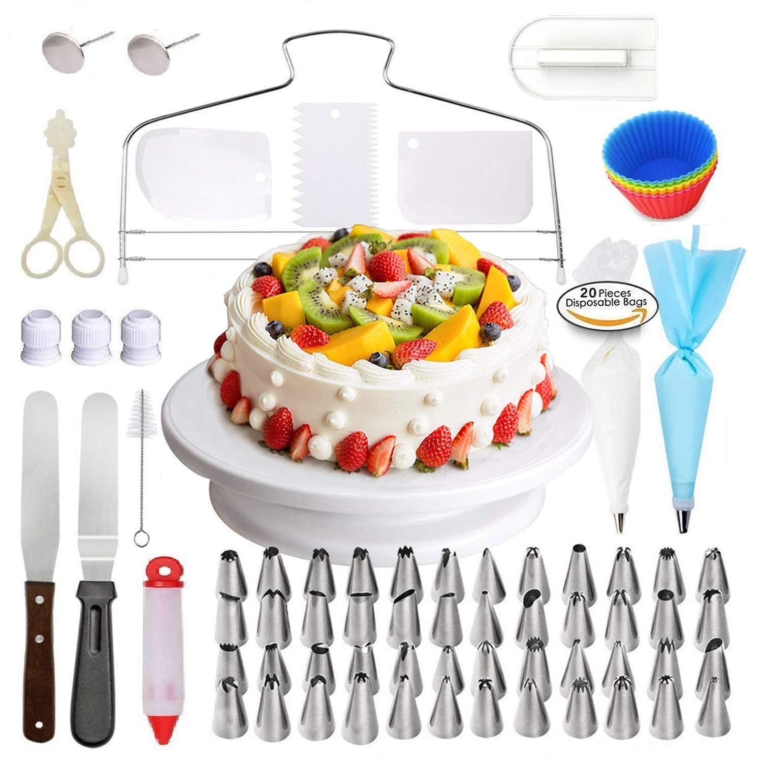 XIANGBAN Cake Decorating kit Professional 94pcs Tools with 48 Icing Nozzles Tips, Turntable Stand, Letter Cutters Spatula & Smoother, Disposable & Reusable Pipings Bags, Pastry Cupcake Silicone Molds