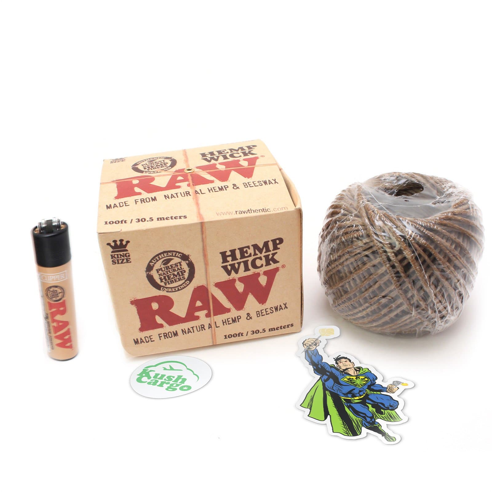 Raw Hemp Wick Ball 250 Foot + Raw Clipper Lighter + KC Lim Ed Stickers