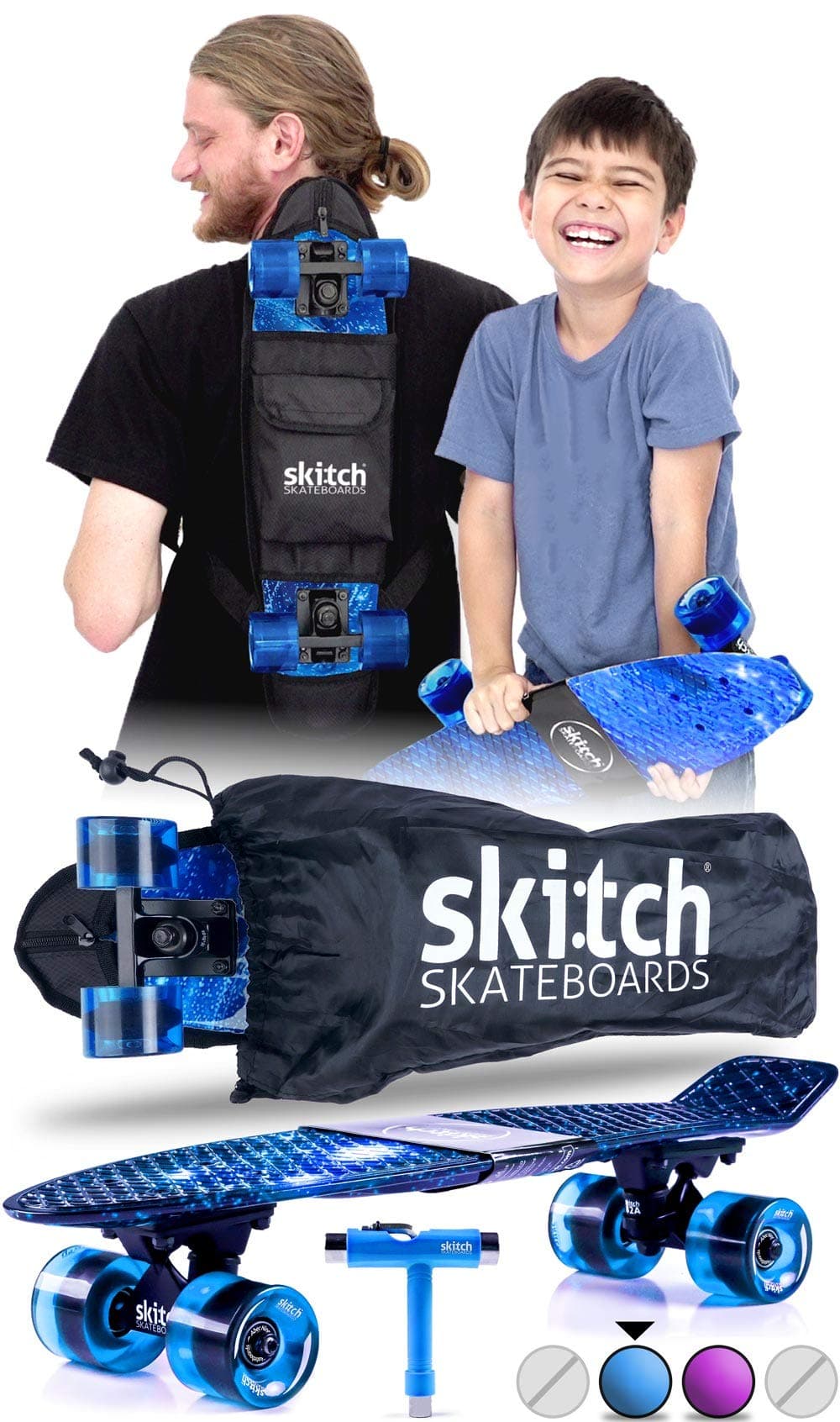 Skitch Premium Skateboard Gift Set for All Ages + Complete 22" Mini Cruiser + Board Backpack + Skate Tool + Tote Bag