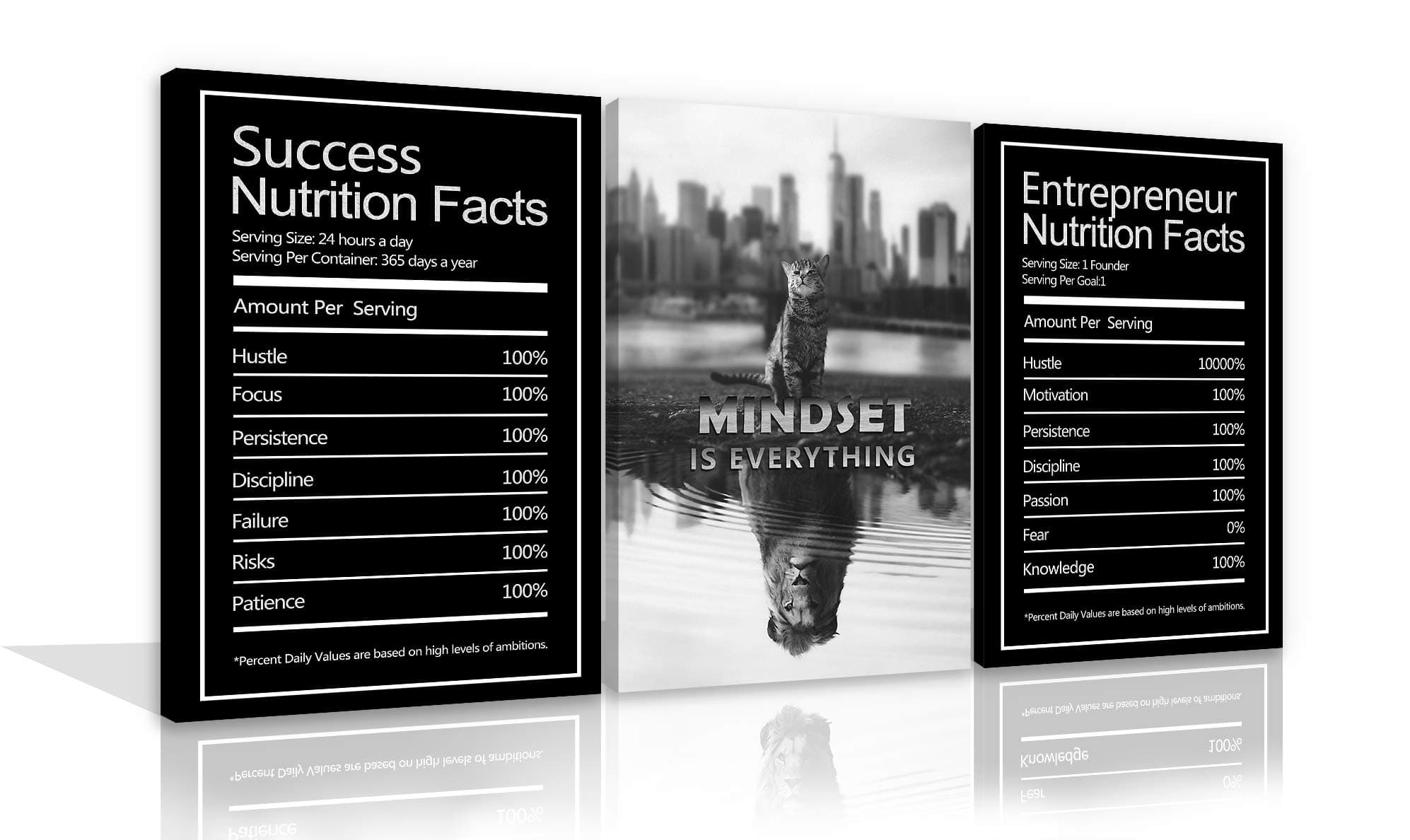 3 Pieces Mindset is Everything Motivational Wall Art Canvas Prints Inspiring Prints Inspirational Success Nutrition Facts Entrepreneur Quotes Wall Decor for Office Home Framed Ready to Hang