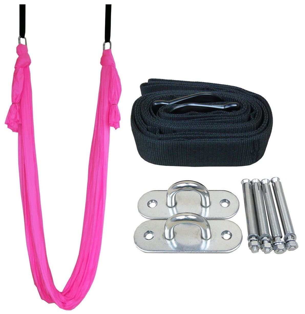 Omitree Deluxe 5.5 Yards Elastic Decompression Inversion Therapy Yoga Swing Aerial Yoga Hammock Flying Yoga Strap Complete set with Extension Belts & Anchors - Fuchsia