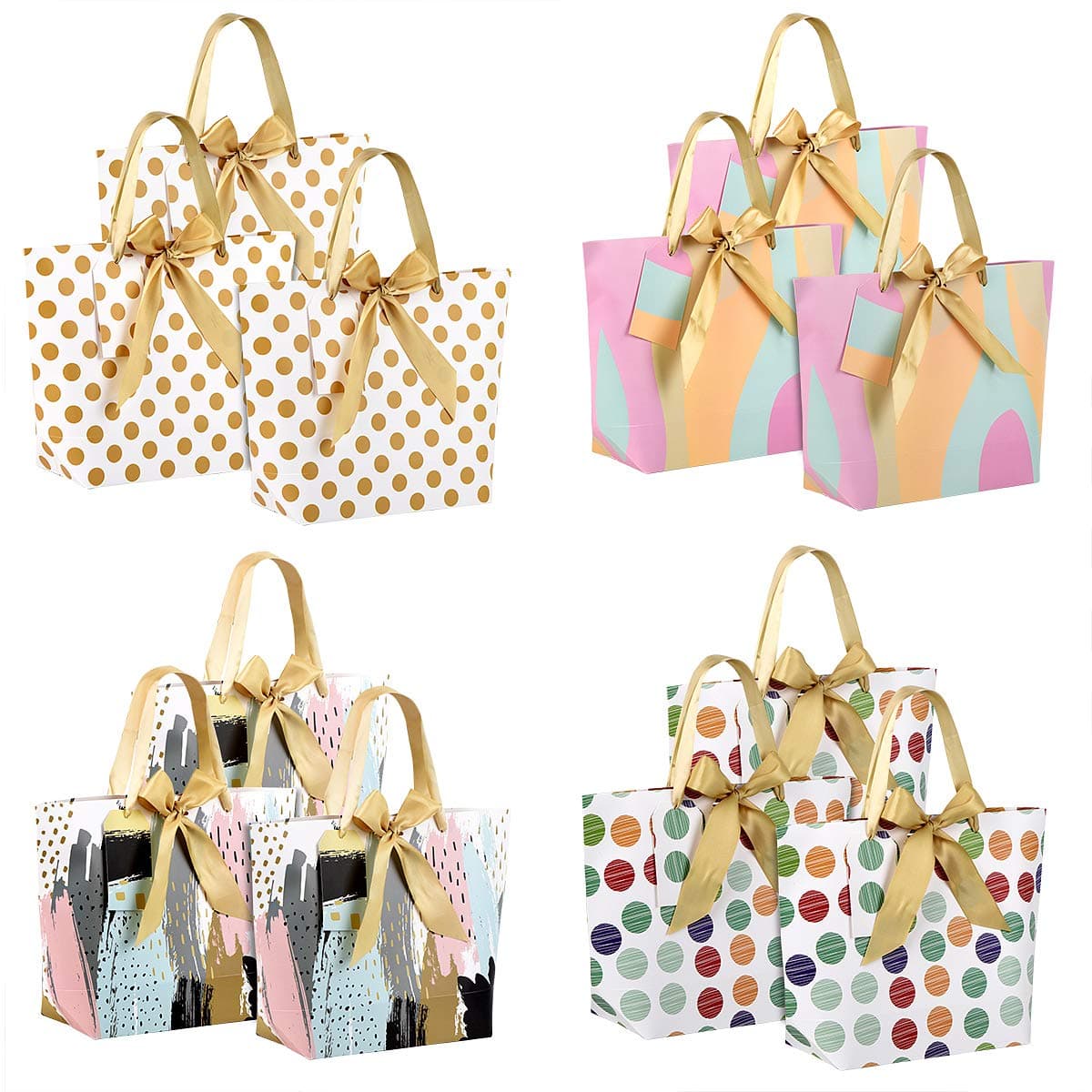 Gift Bags with Ribbon Handle Custom Hang Tag - Durable Waterproof Cover Paper Bags for Birthdays, Weddings, Baby Showers,Bridal Showers,Anniversary,Christmas (Rainbow Color, Middle / 12 Pack)