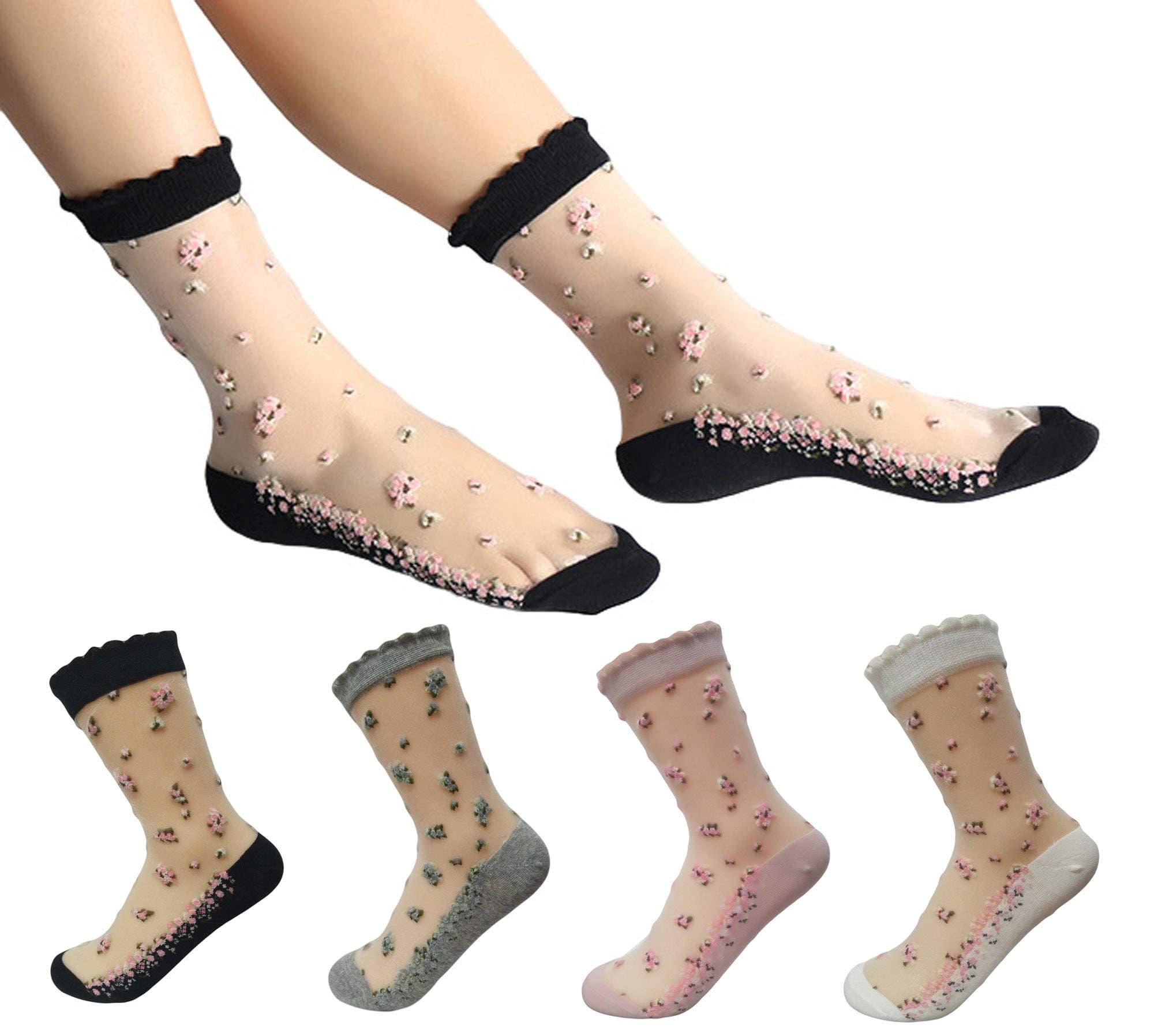 Qiabao Women's Flower Patterned Transparent Sheer Ankle Socks Pack of 4