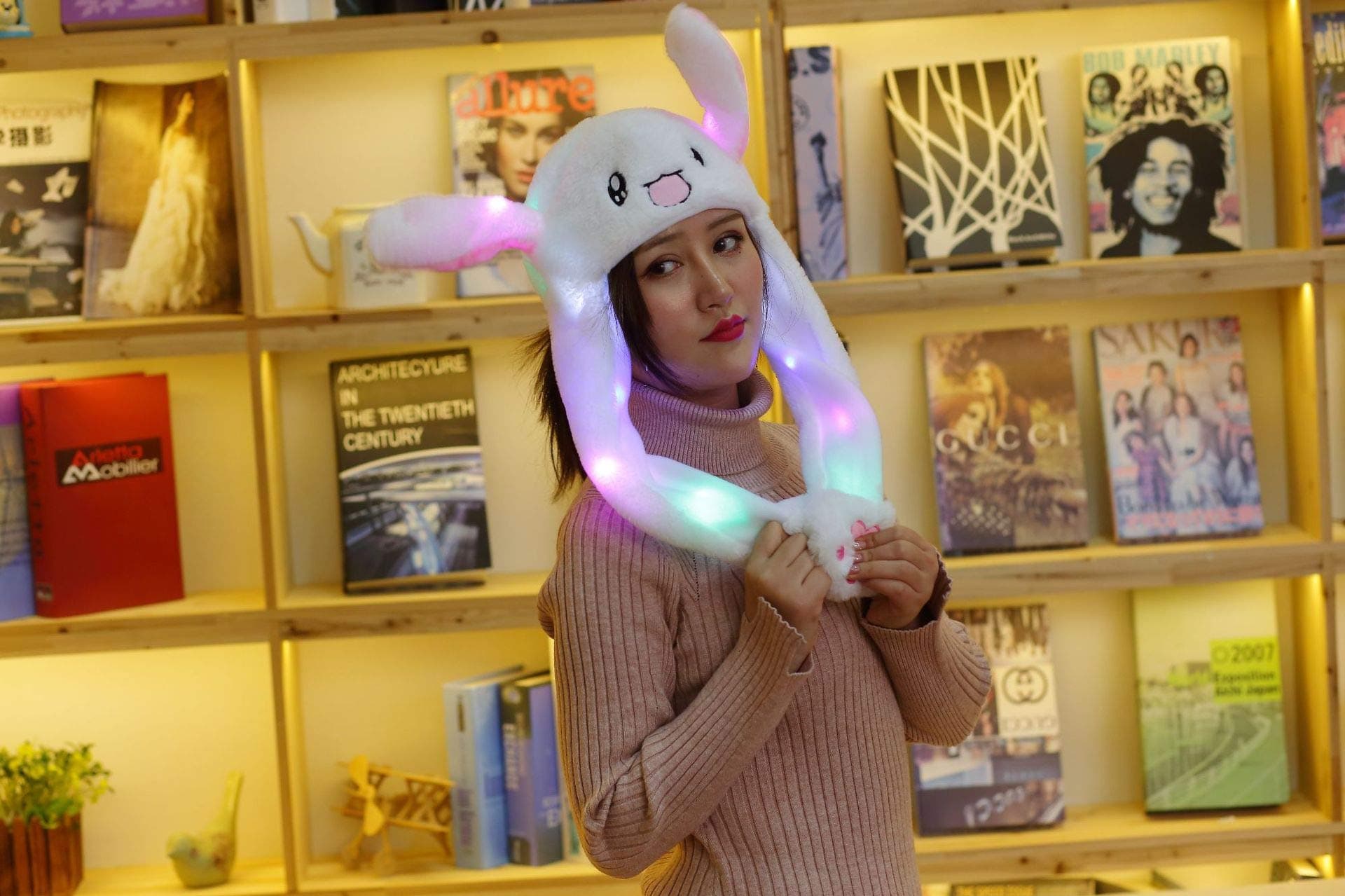 Happy Island LED Glowing Plush Moving Rabbit Ear Hat Dancing Bunny Ears Pinching Ear to Move Vertically Cartoon Animal Plush Toys (White)