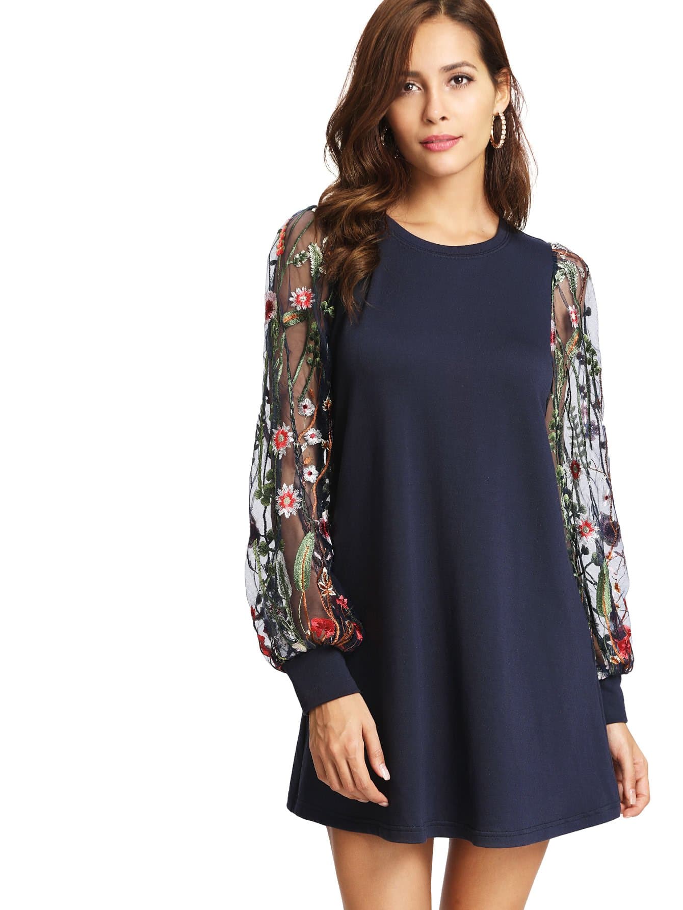 Women's Mesh Long Sleeve Pullover Tunic Dress