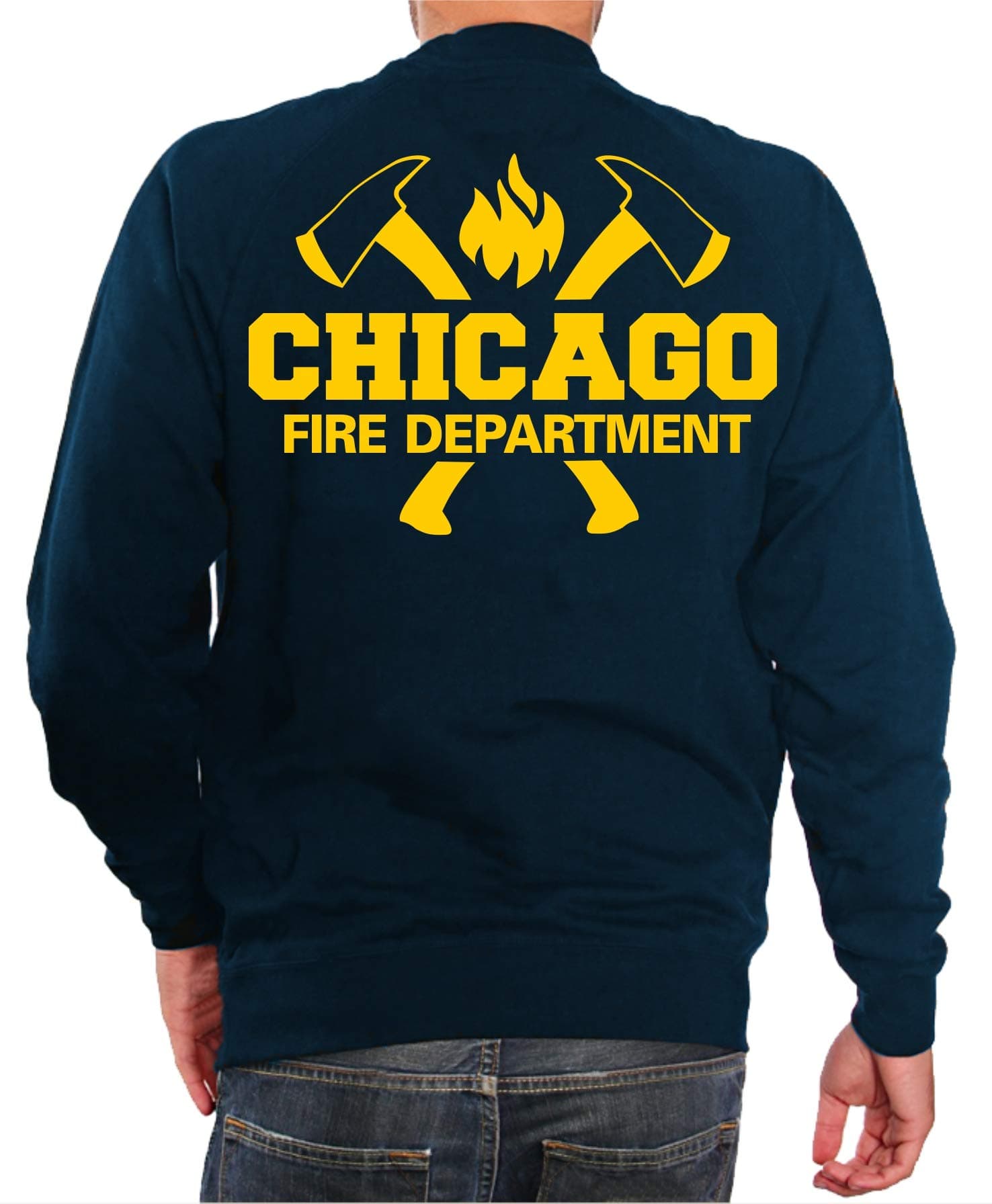 Sweatshirt Navy, Chicago Fire Dept. with axes and standard emblem in yellow.
