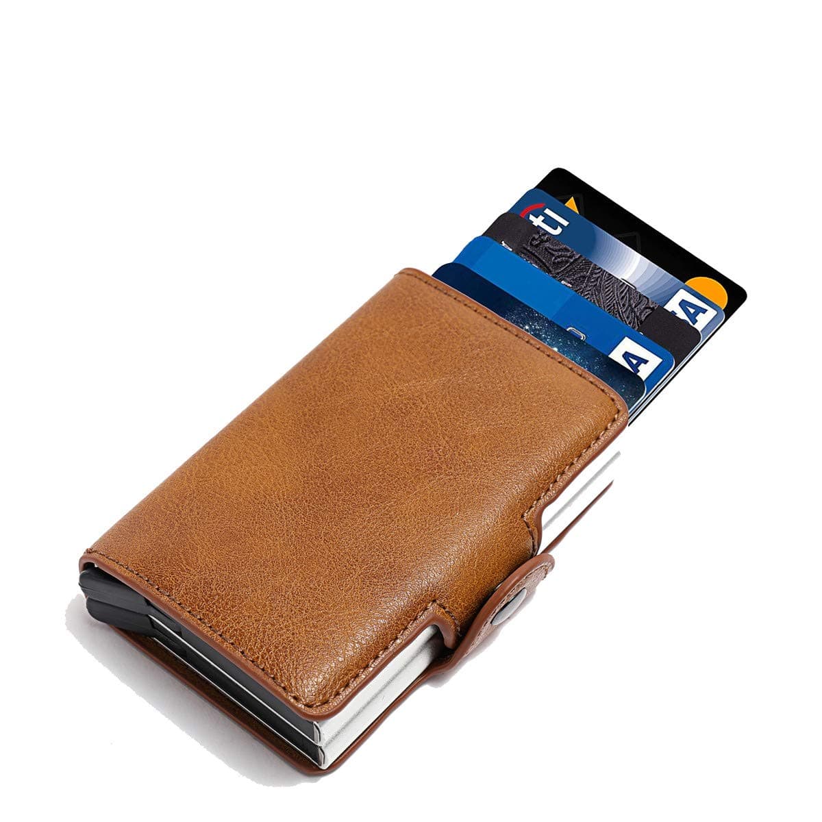 Credit Card Holder for Men - Slim Minimalist Wallet RFID Blocking Mens Wallets with Leather Case and Trigger, Bassa Brown