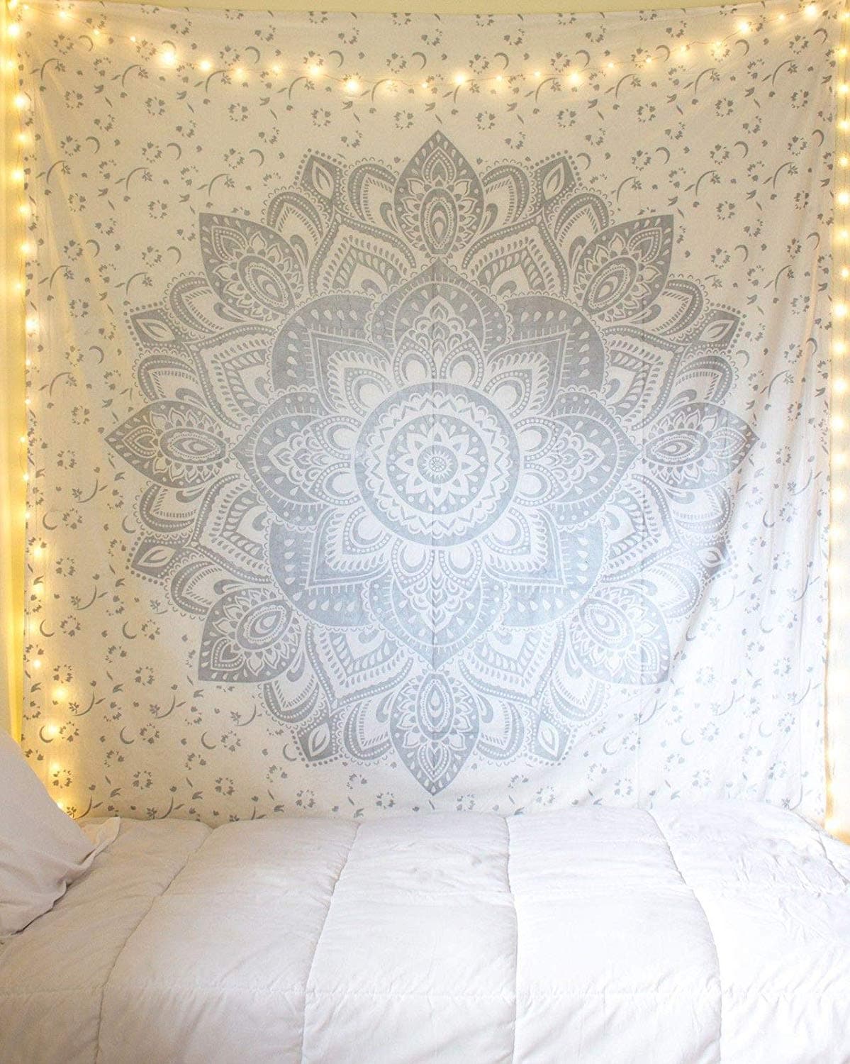 THE ART BOX Silver and White Wall Tapestry 90x85 Wall Tapestry Mandala Wall Tapestry Hanging Hippie Tapestry Lotus Wall Decor Hippy Tapestry Large