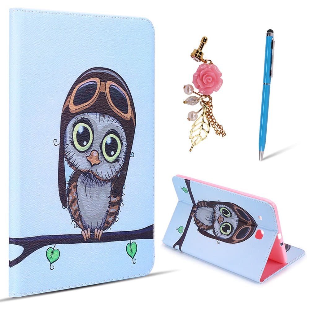 Spiritsun Samsung Galaxy Tab E (9.6 Inches) T560 Case,Samsung Galaxy Tab E (9.6 Inches) T560 Cover,Samsung Galaxy Tab E (9.6 Inches) T560 Leather Wallet Case Painted Pattern Series PU Leather Magnetic Smart Case Cover Stand Function Protective Sleeve Flip Holster with Stylus Pen and Pink Rose Flower Dust Plug - Cute Owl