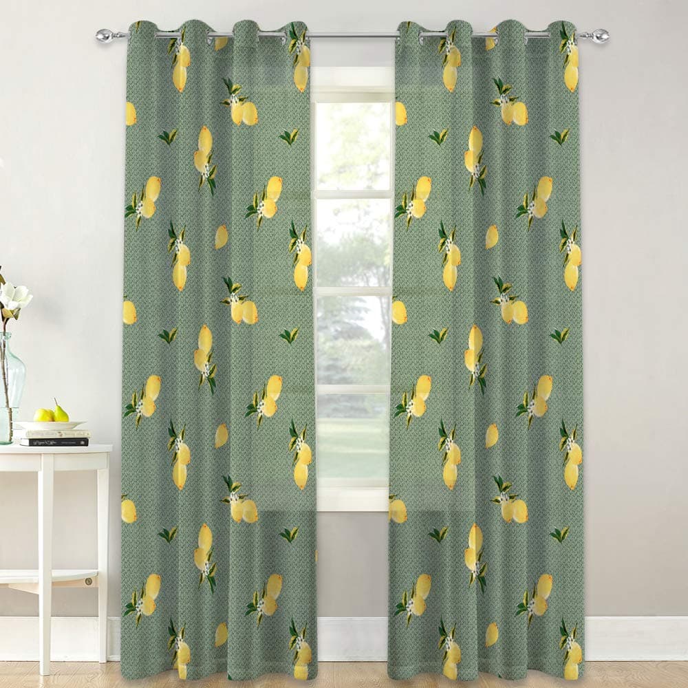 KGORGE Semi Sheer Curtains for Kitchen Windows, Exotic Yellow Lemon Leaf Floral Pattern Summer Curtain Set for Farmhouse/Back Door, 52 in Width x 84 in Length, 1 Pair, Nile Green Background