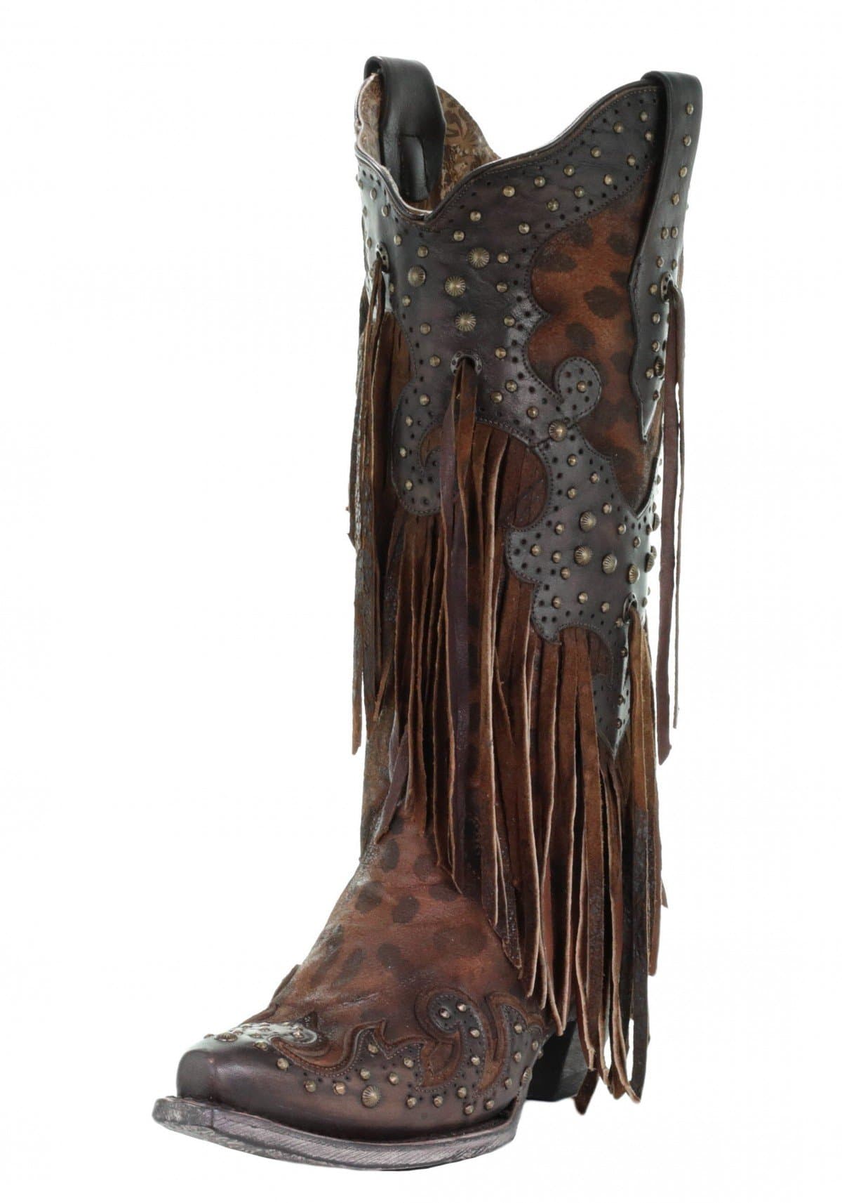 CORRAL A3618 Brown Leopard Fringe and Studs Boots