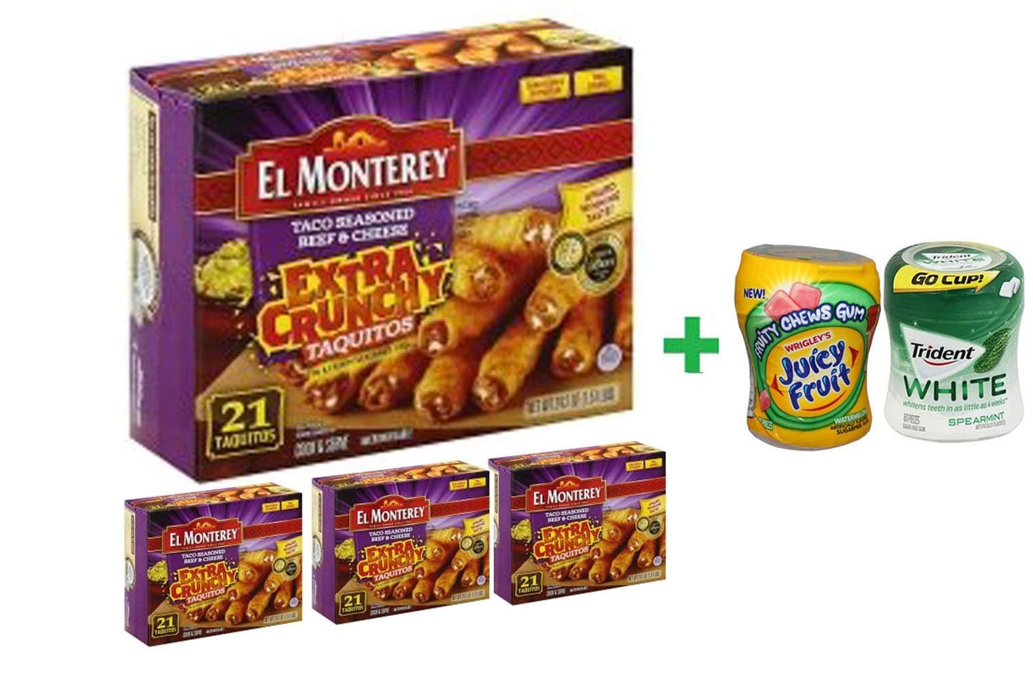 El Monterey Taco Beef Taquito Extra Crunchy - 24.2 Oz (4 PACK)+ Fruity Chews Gum Watermelon 1/60 Count + Trident Go Cup Spearmint 1/60 Count (BUNDLE)