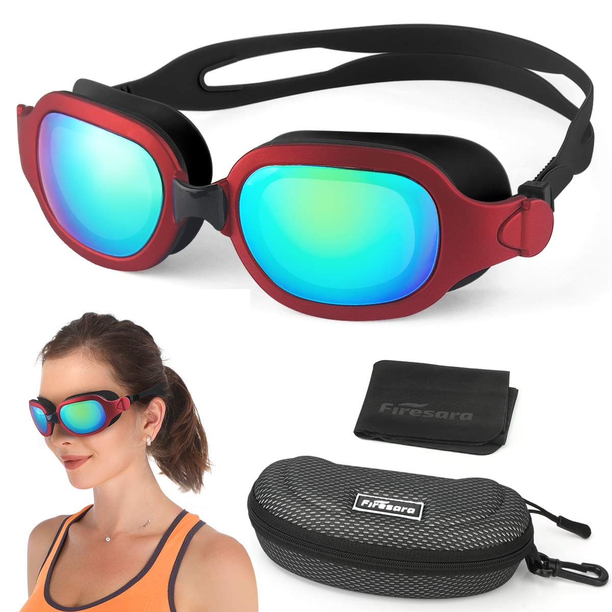 Firesara Swim Goggles, No Leaking Large Frame Wide View Pool for Women Men