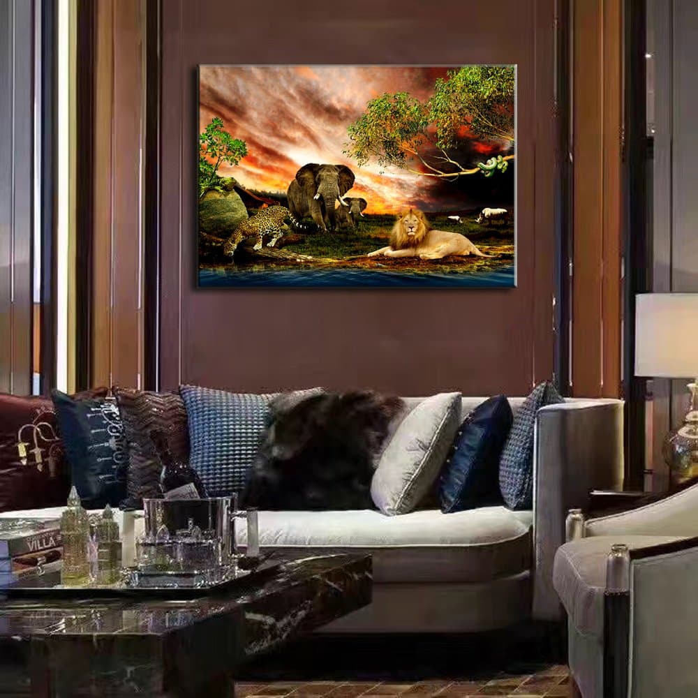 Global Artwork Printed Posters and Prints Animals Tiger Elephants Lion Picture Wall Art on Canvas for Living Room Home Decor Stretched Ready to Hang (24''W x 32''L)