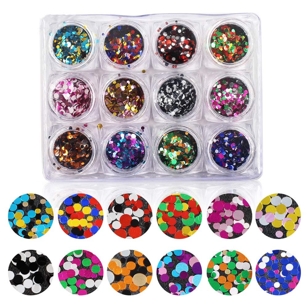 QIMYAR 12Pcs/set Mixed Colors Round Sugar Nail Glitter Thin Paillette Nail Art DIY Colorful Dot Shapes Glitters Nails Decorations Tools …