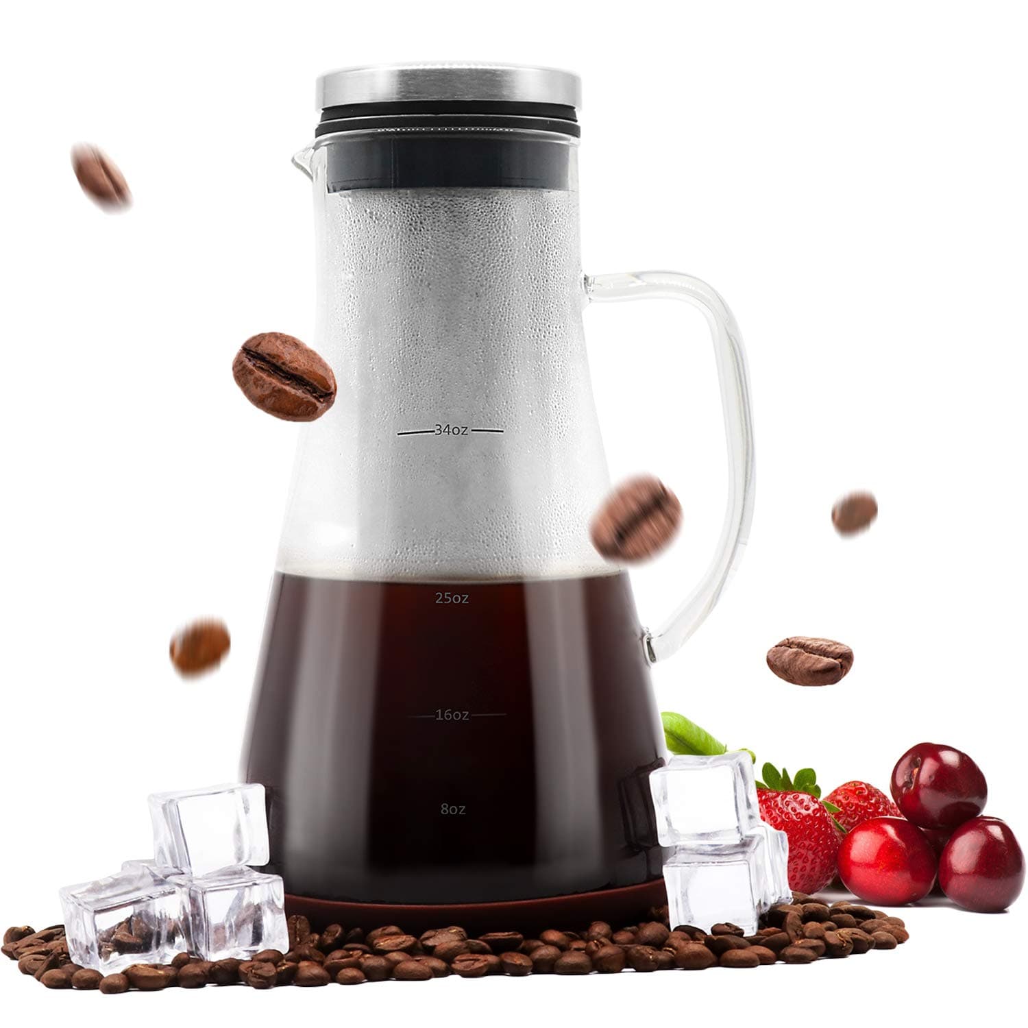 Airtight Cold Brew Iced Coffee Maker and Tea Infuser with Spout - 1.0L / 34oz Brewing System Glass Pitcher Carafe with Removable Stainless Steel Filter