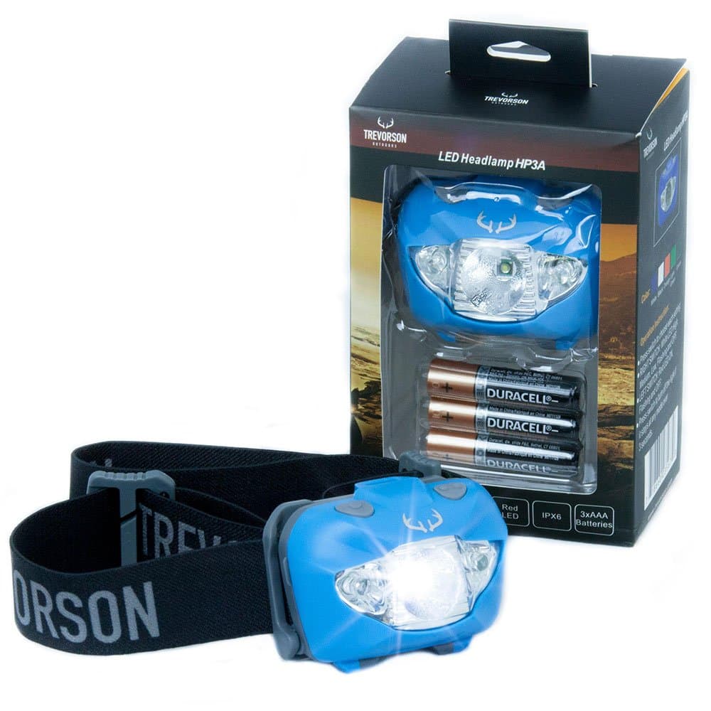 Trevorson High Powered Headlamp with White/Red LED with 6 Modes and 3 Duracell AAA Batteries Included