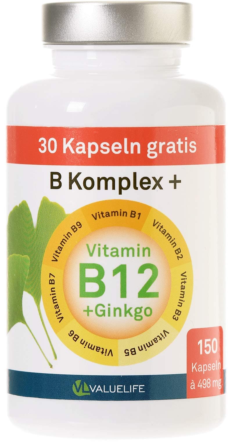 Valuelife Vitamin B Complex: Vitamins B1 + B2 + B3 + B5 + B6 + B7 + B9 and B12 + Ginkgo! 150 Capsules for up to 5 Months! Perfectly Matched in Amount of Content and Daily dose.