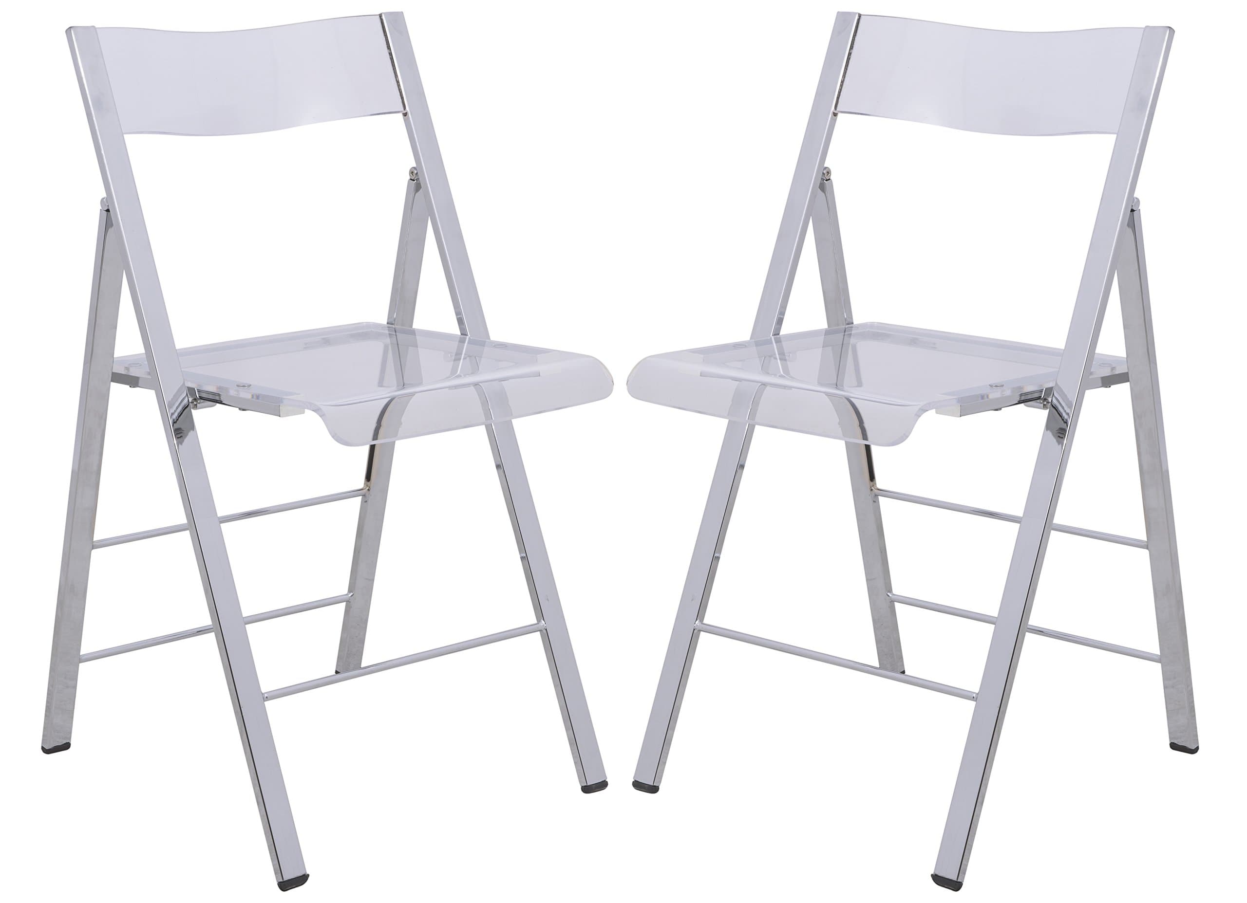 LeisureMod Transparent Acrylic Folding Chair, Lightweight Iron Chrome Base, Comfortable Clear Desk Chair, No Assembly Needed (Set of 2) in Clear
