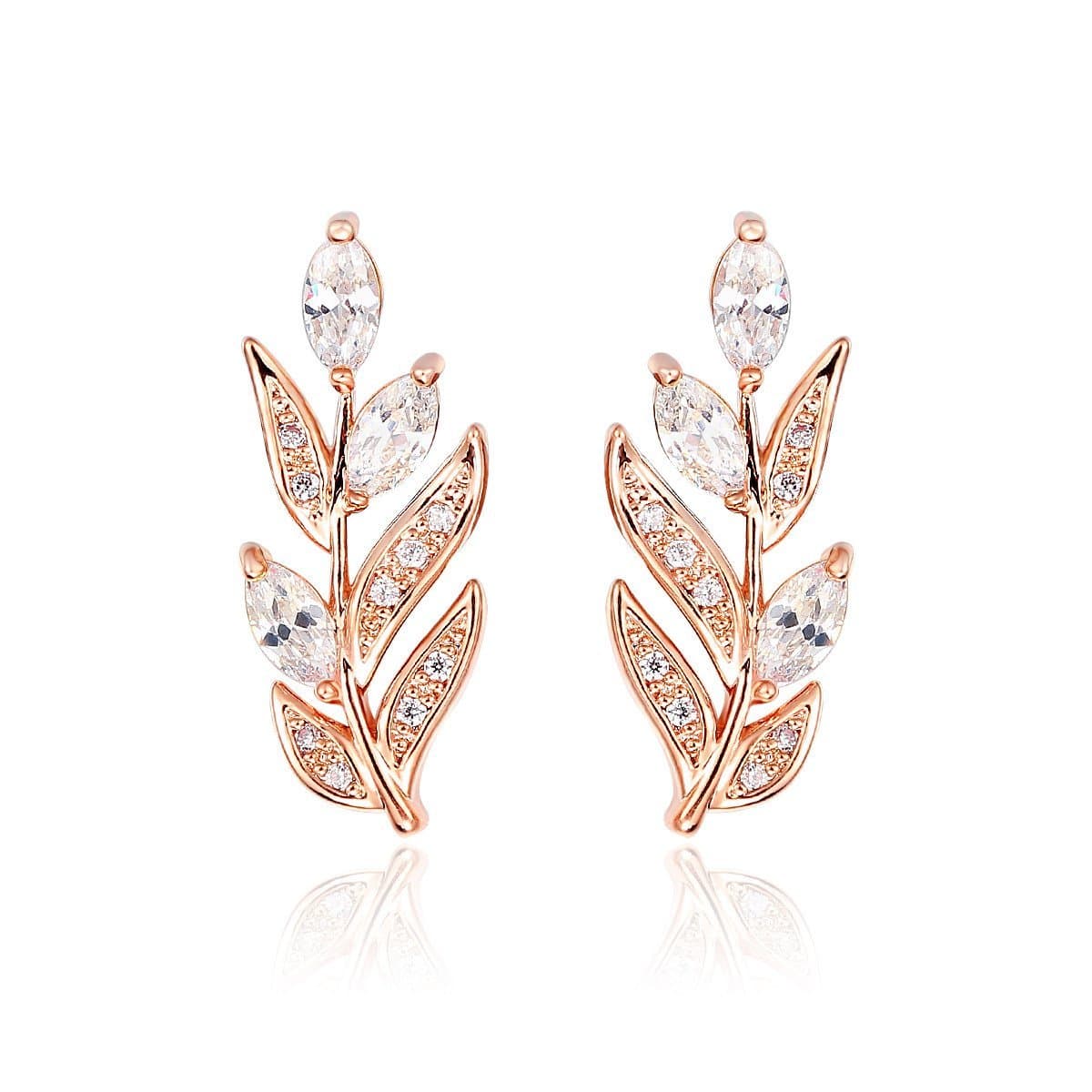 Windshow Olive Branch Leaf Paved CZ Ear Climber Stud Earrings