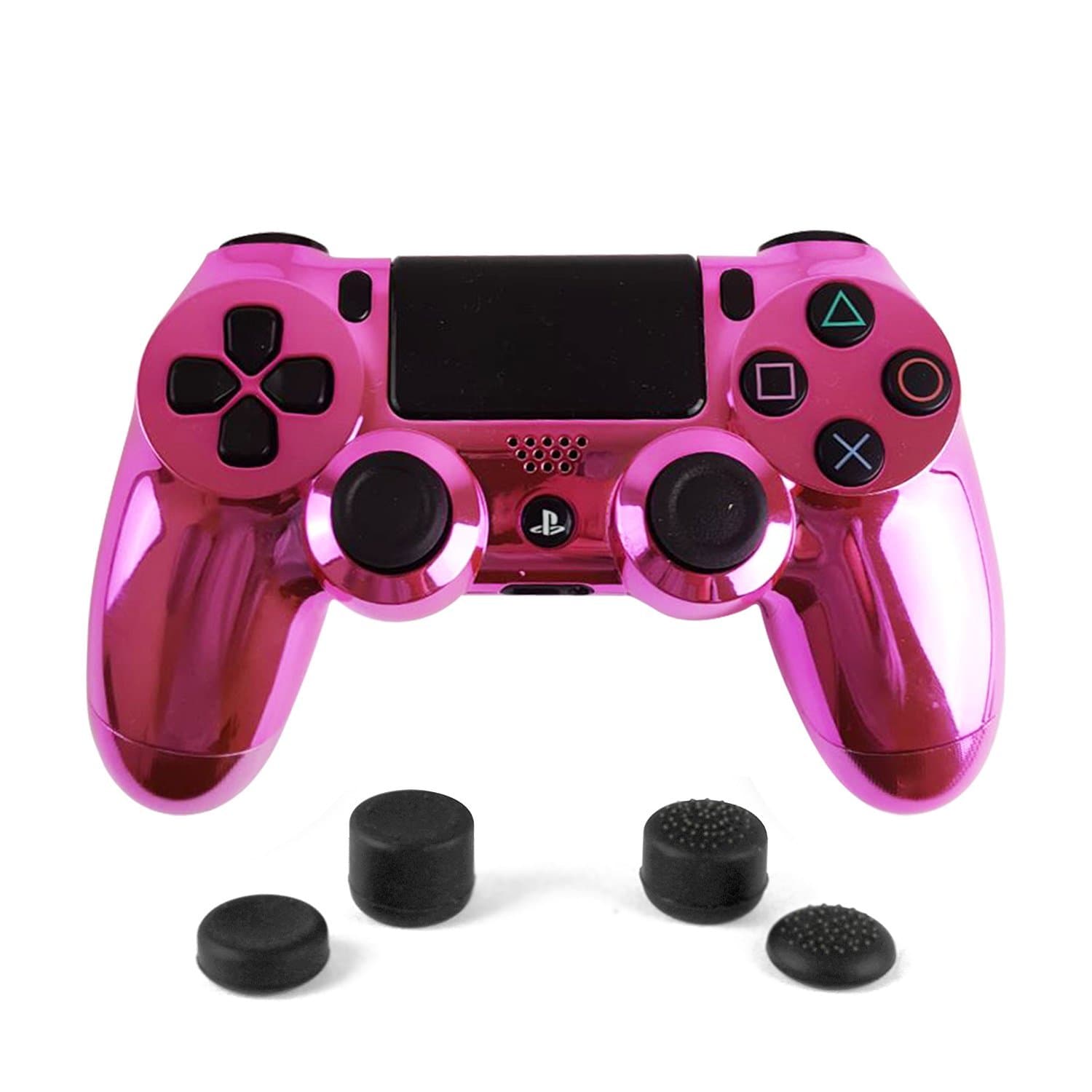 Gold Bag Full with Custom Pink Chrome Shell Bundled with 4 Custom Thumbstick Covers- Compatible with PS4