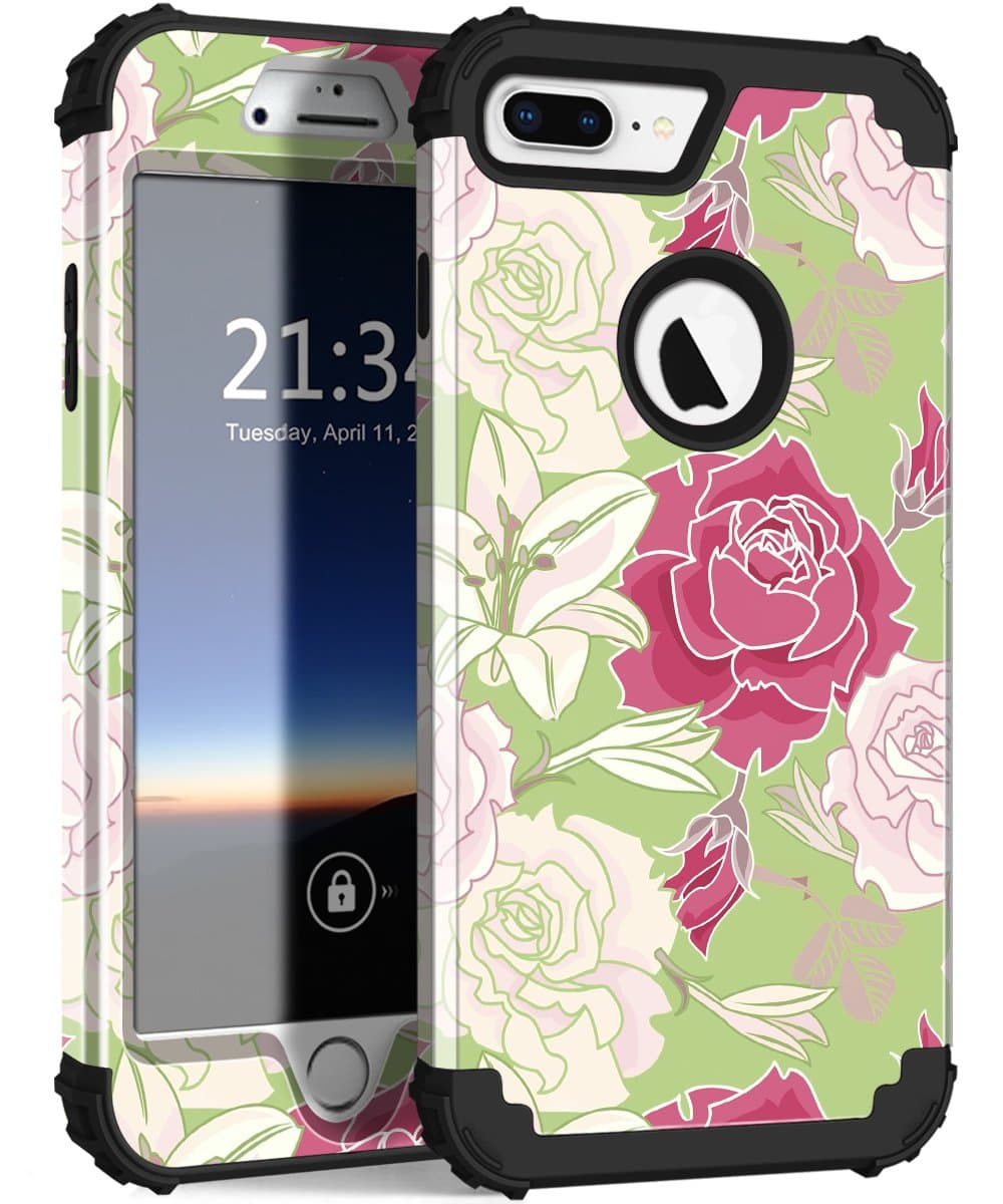ZHK iPhone 7 Plus Case, iPhone 8 Plus Case Flower 3 Layer Heavy Duty Shockproof Cute Girls Woman Anti-Scratch Protective Case Cover for iPhone 7 8 Plus 5.5 inch - Simple Flower Black Frame