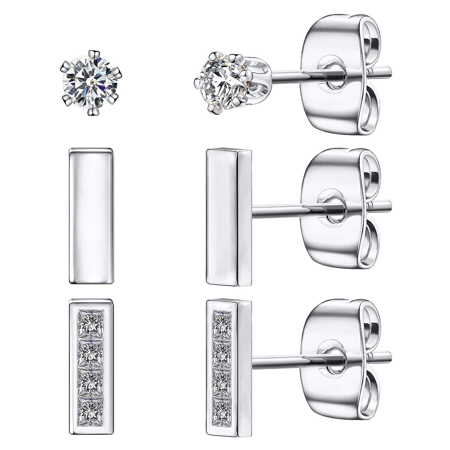 Tiny Stud Earrings 3Packs Set for Women 925 Sterling Silver Post Cartilage Earrings Mini Bar and Cubic Zirconia Ear Studs Gold Plated Hypoallergenic Dainty Cute Earrings to Girls