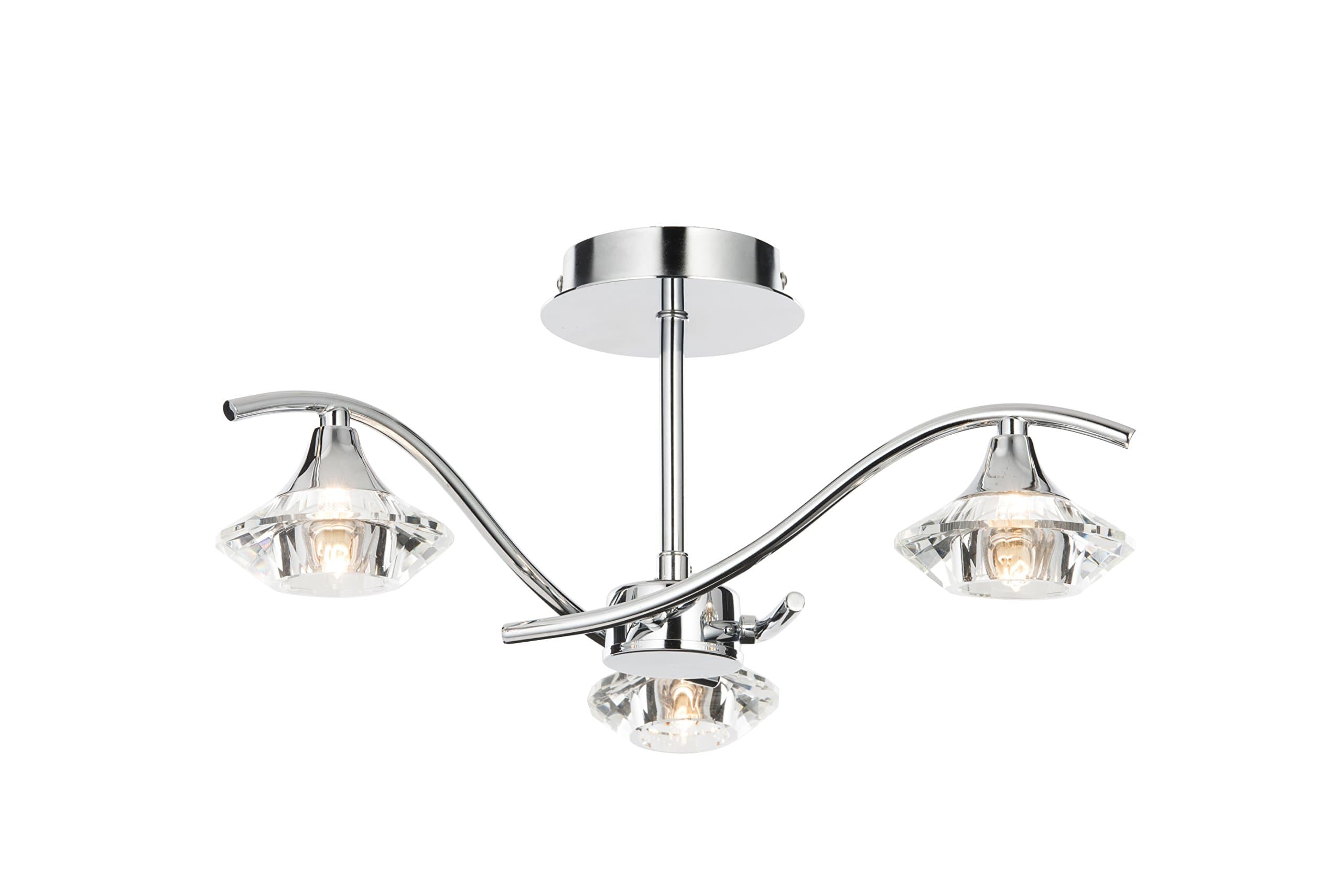 Modern 3 Light Chrome and Crystal Glass Semi Flush Ceiling Light Fitting with Stunning Crystal LED Compatible