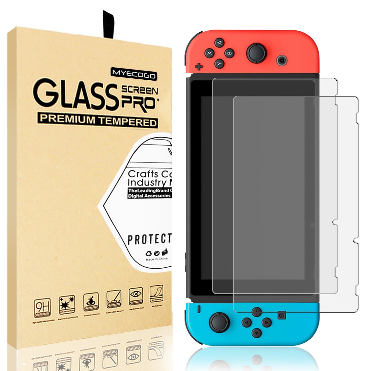 Nintendo Switch Screen Protector, MYECOGO Transparent HD Clear Anti-Scratch Glass 9H Hardness Tempered Glass Screen Protectors for Nintendo Switch 2017(2-Pack )