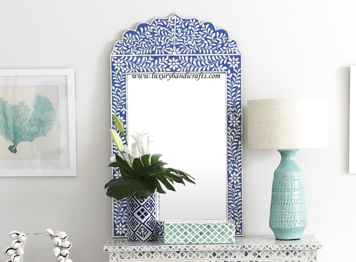 Luxury Handicrafts Bone Inlay Crested Mirror (Blue)