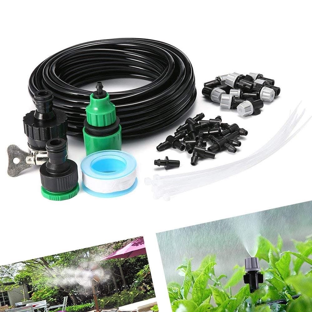 FOLUXING 32.8Ft Misting System, Outdoor Cooling Mist System Drip Irrigation Mister with 10pcs Misting Nozzle Spinklers for Home Garden Patio